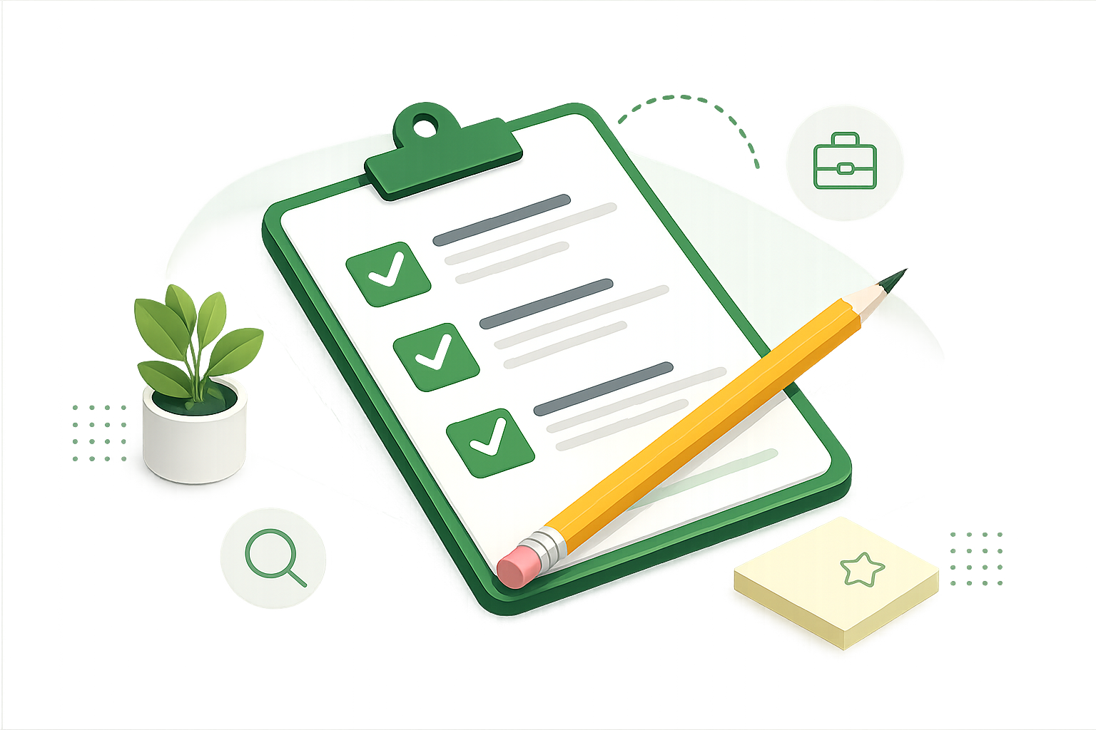 Illustration of a clipboard checklist with a pencil, a potted plant, and productivity icons